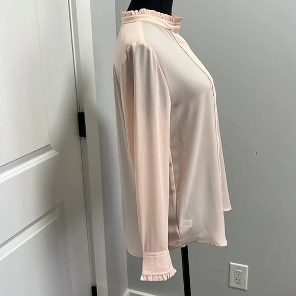 Loft peach button down blouse with ruffle long sleeves and neck. - Picture 5 of 9